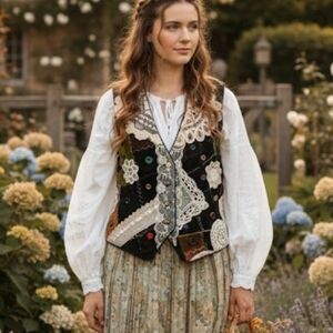 Vintage Bia Cottagecore Velvet Patchwork Doily Mixed Media Vest M